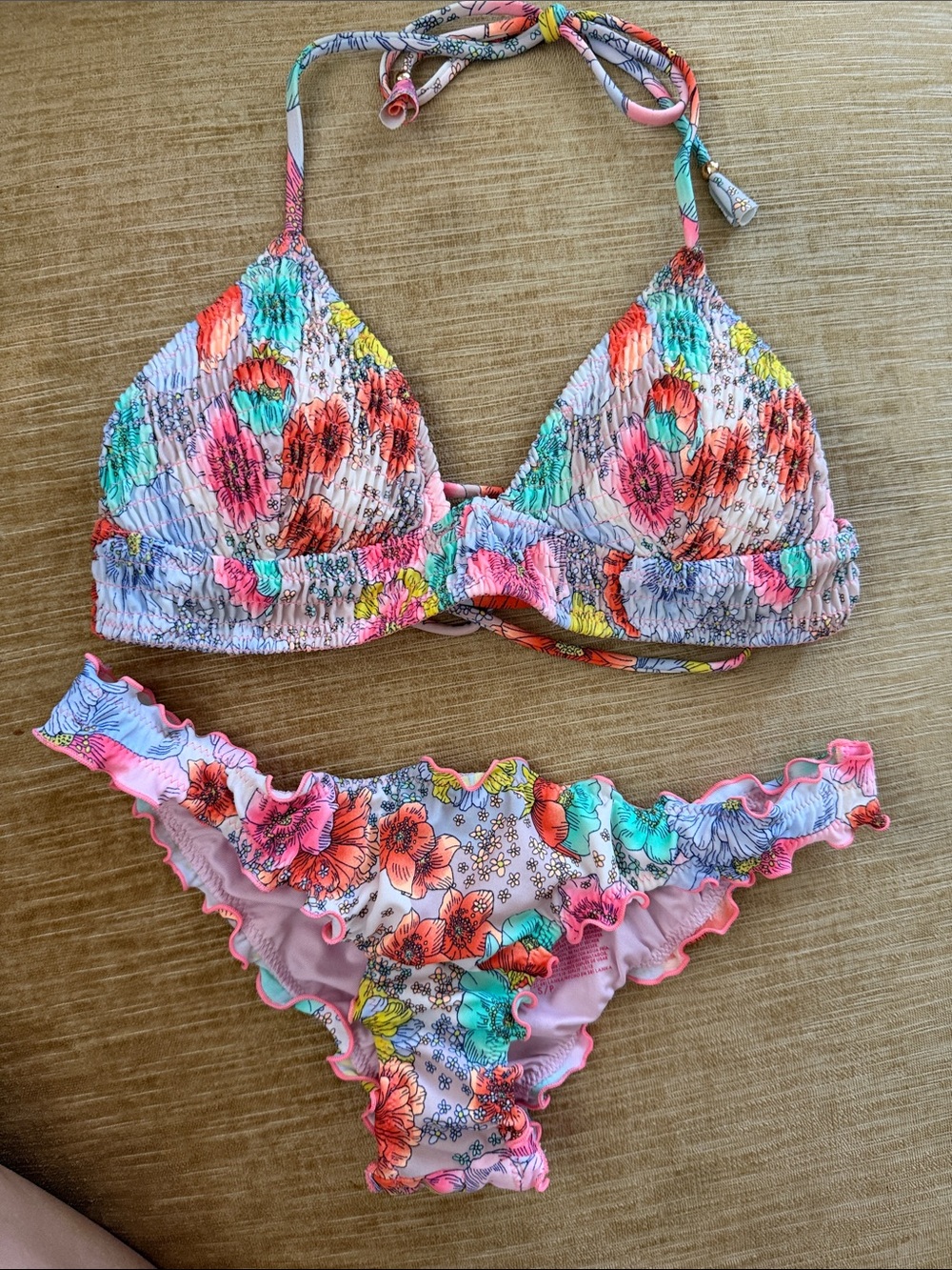 Victoria's Secret neon coral Multi Floral Smocked Bikini set ruched lettuce edge
